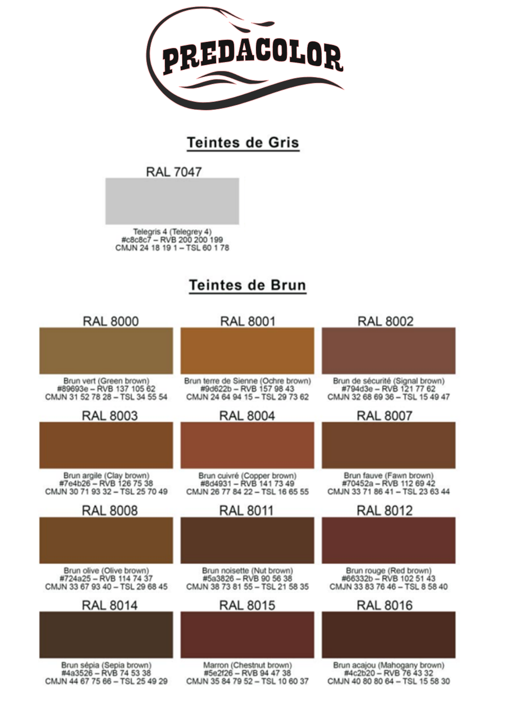 nuancier PREDA 12 - PredaColor Color palette sheet labeled PredaColor with grayscale and brown shades, showing RAL codes for each swatch (GRAYS and BROWNS).
