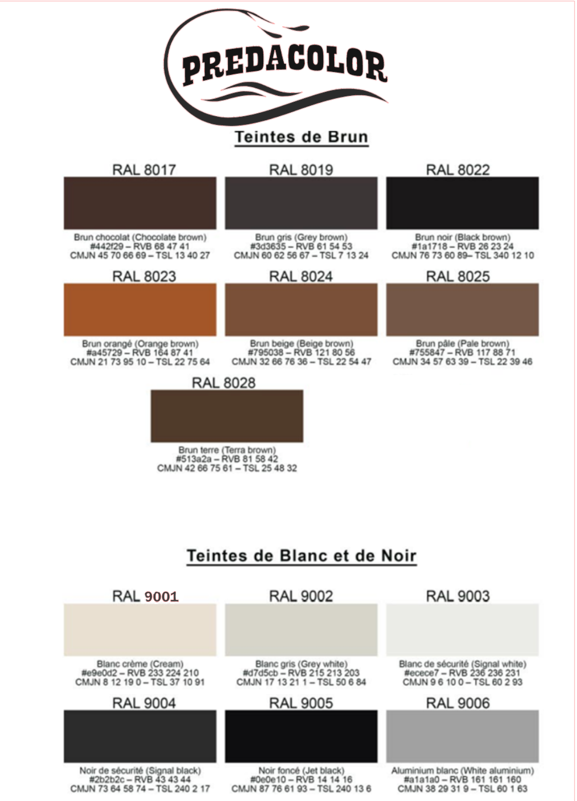 nuancier PREDA 13 - PredaColor PREDACOLOR palette showing brown shades (RAL 8017–8028) with French names and codes, in a grid.