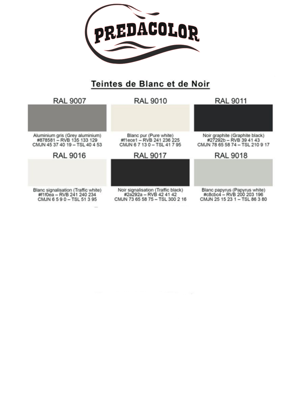 nuancier PREDA 14 - PredaColor Predacolor color chart showing six swatches named as white and black tones (RAL 9007, 9010, 9011, 9016, 9017, 9018).
