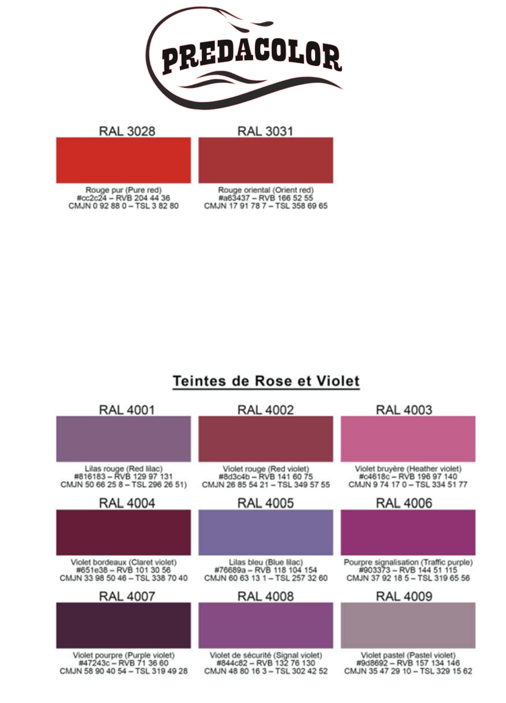 nuancier PREDA 5 - PredaColor Predacolor logo above a color swatch chart: two red blocks (RAL 3028, 3031) and multiple purple/violet swatches with RAL codes and names, titled Teintes de Rose et Violet.