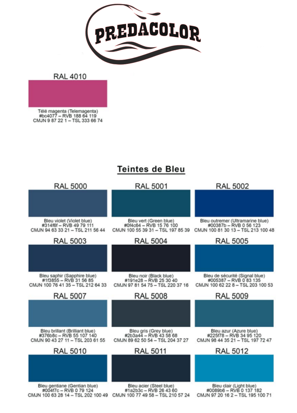 nuancier PREDA 6 - PredaColor Predacolor color guide: logo with swatches and RAL color blocks (4010 magenta; blues 5000–5012) with color names and codes.