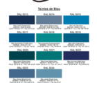 nuancier PREDA 7 - PredaColor PREDACOLOR blues palette showing twelve swatches with RAL codes and names like Bleu cobalt and Bleu océan.