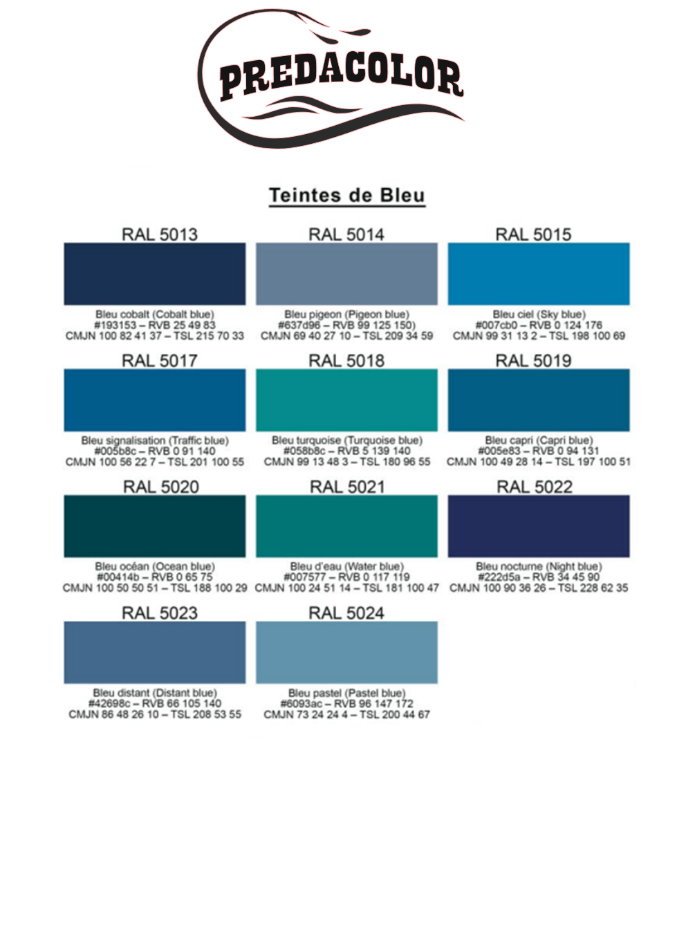 nuancier PREDA 7 - PredaColor PREDACOLOR blues palette showing twelve swatches with RAL codes and names like Bleu cobalt and Bleu océan.