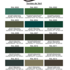 nuancier PREDA 8 - PredaColor PredaColor green color swatches chart labeled Teintes de Vert, 18 green shades (RAL 6000–6017) with French color names and codes, arranged in three columns.