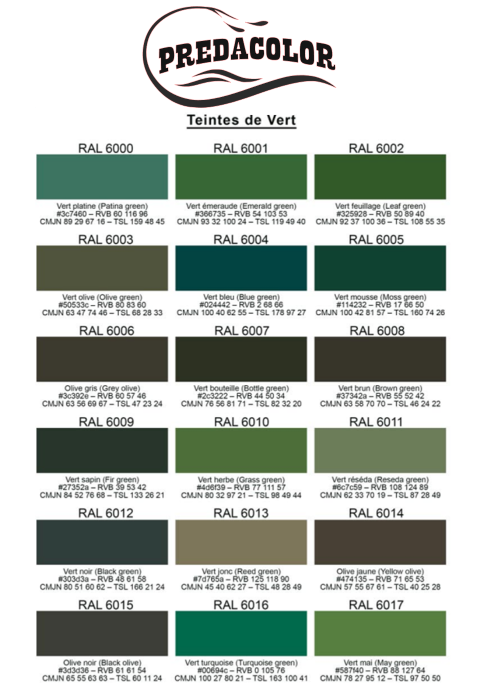 nuancier PREDA 8 - PredaColor PredaColor green color swatches chart labeled Teintes de Vert, 18 green shades (RAL 6000–6017) with French color names and codes, arranged in three columns.