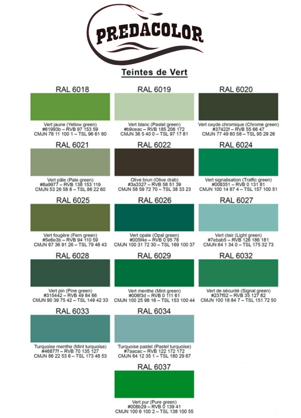 nuancier PREDA 9 - PredaColor Predacolor green color palette showing multiple swatches with RAL codes and names (greens range).