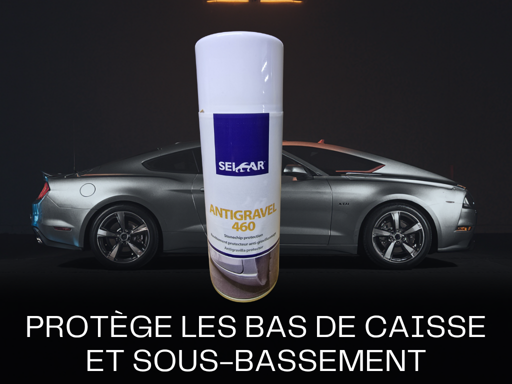 ANTI GRAVILLON BLANC AERO 2 - PredaColor Spray can labeled Antigravel 460 in front of a silver sports car, promoting undercarriage protection.