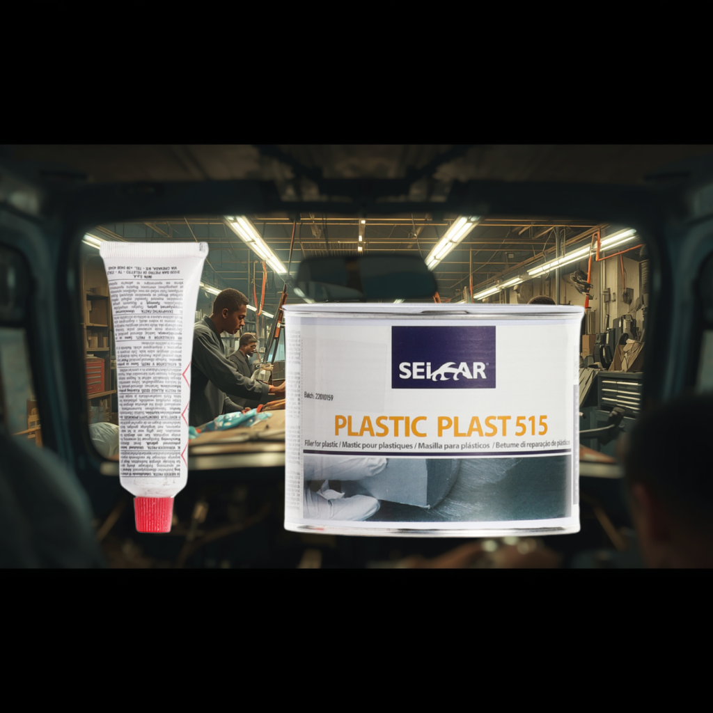 Arrière-plan avec pare-chocs en plastique 4 - PredaColor Can labeled Plastic Plast 515 in a car workshop, with workers and tools in the background.