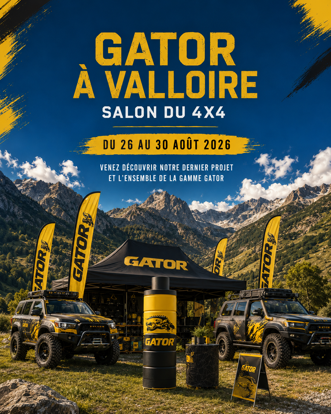Promotional Gator 4x4 booth with yellow flags and two off-road vehicles against a mountain backdrop in Valloire.