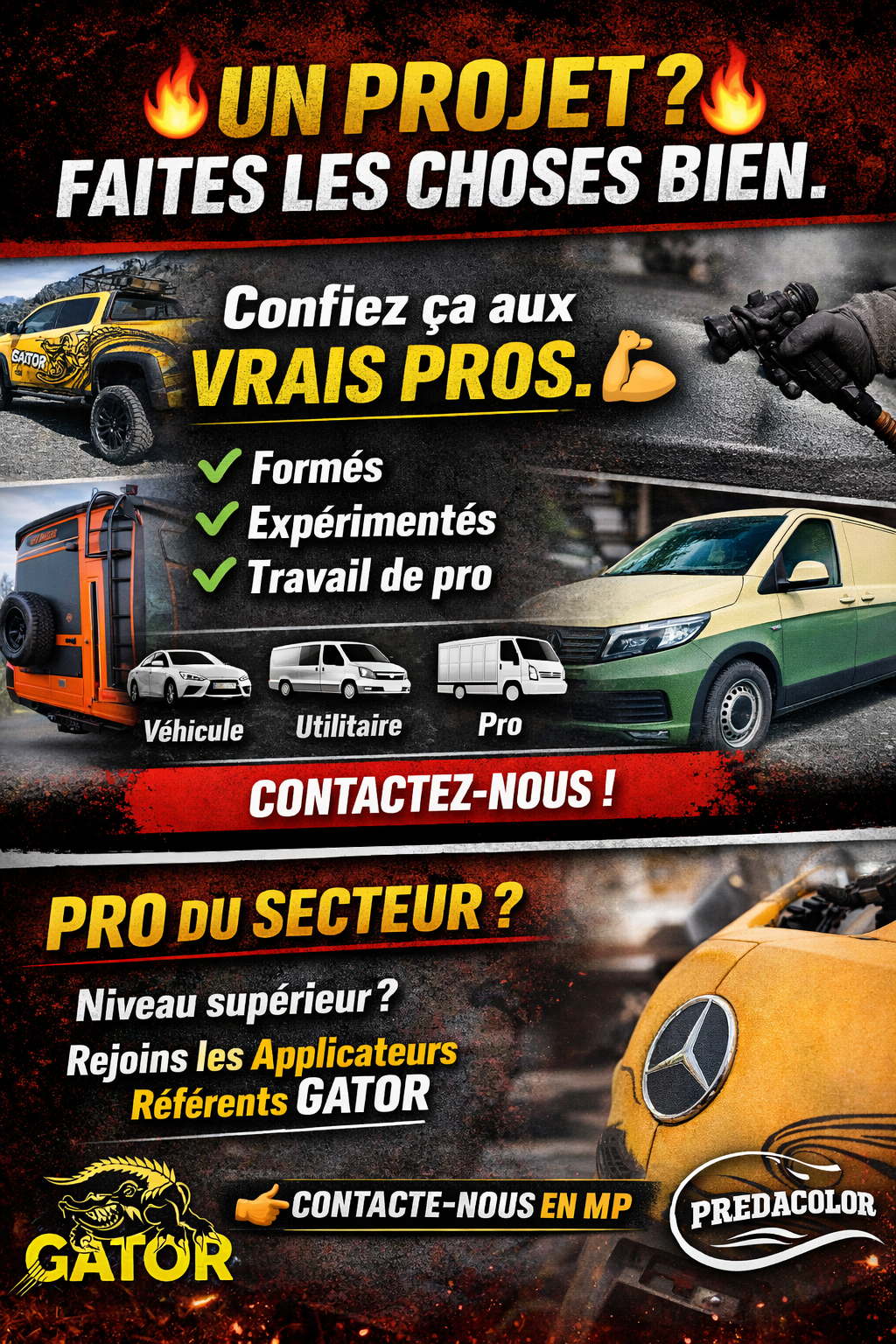 Annonce publicitaire en français recrutant pour le secteur automobile, avec camions/vans et messages accrocheurs en jaune et blanc sur fond sombre.
