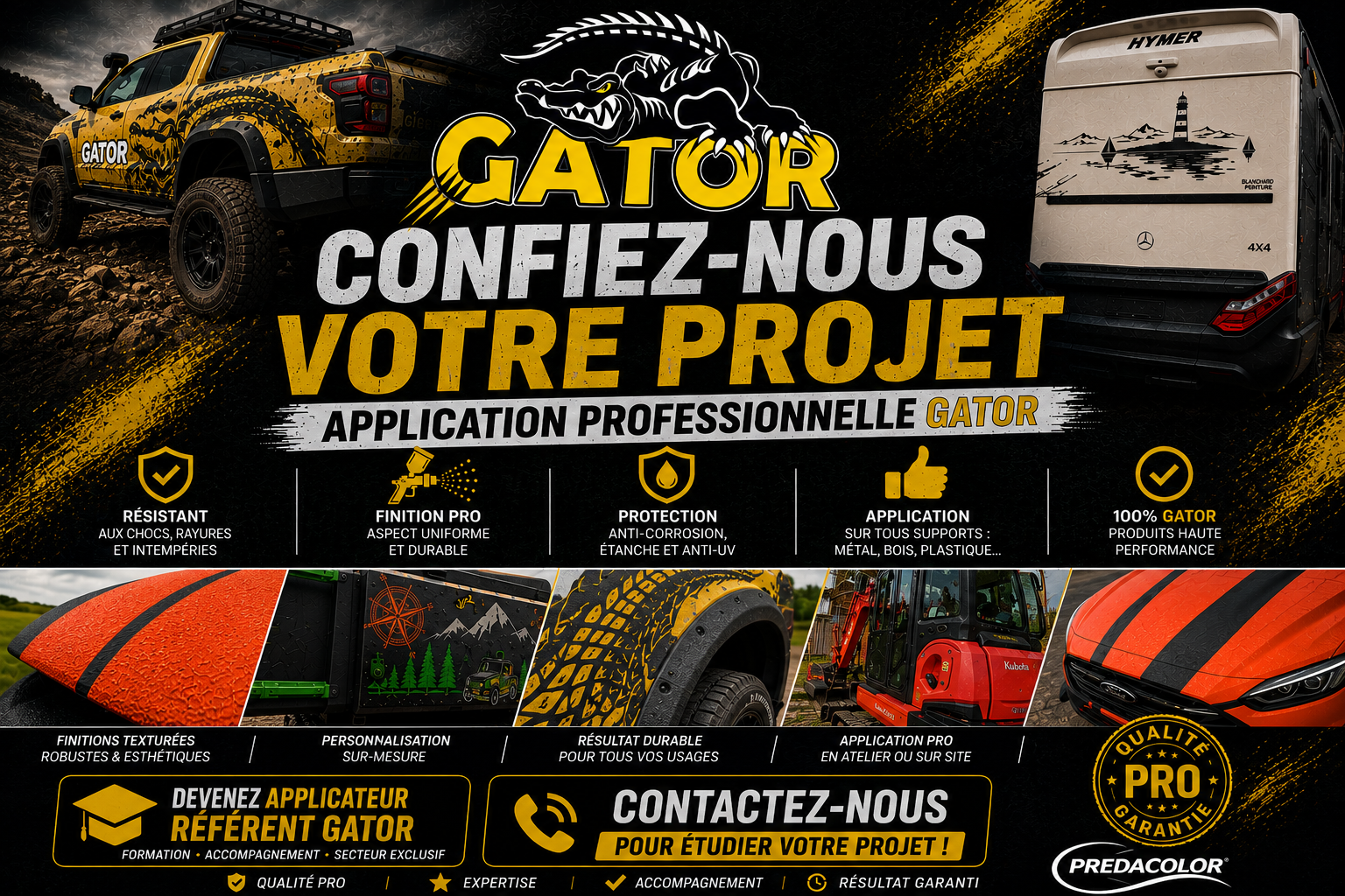 GATOR branded outdoor banner with an off-road yellow truck, a beige camper, and bold French slogans promoting professional vehicle coatings.