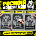 RESULTAT POCHOIR 1 - PredaColor Three-panel tutorial showing applying a PredatorColor stencil: step 1 position the sheet, step 2 rub with a tool, step 3 peel off the film to reveal the stencil.