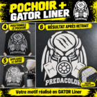 RESULTAT POCHOIR 2 - PredaColor French DIY stencil guide showing steps 4–6 for Predacolor Gator Liner: position the stencil, result after removal, apply textured finish (close-up).