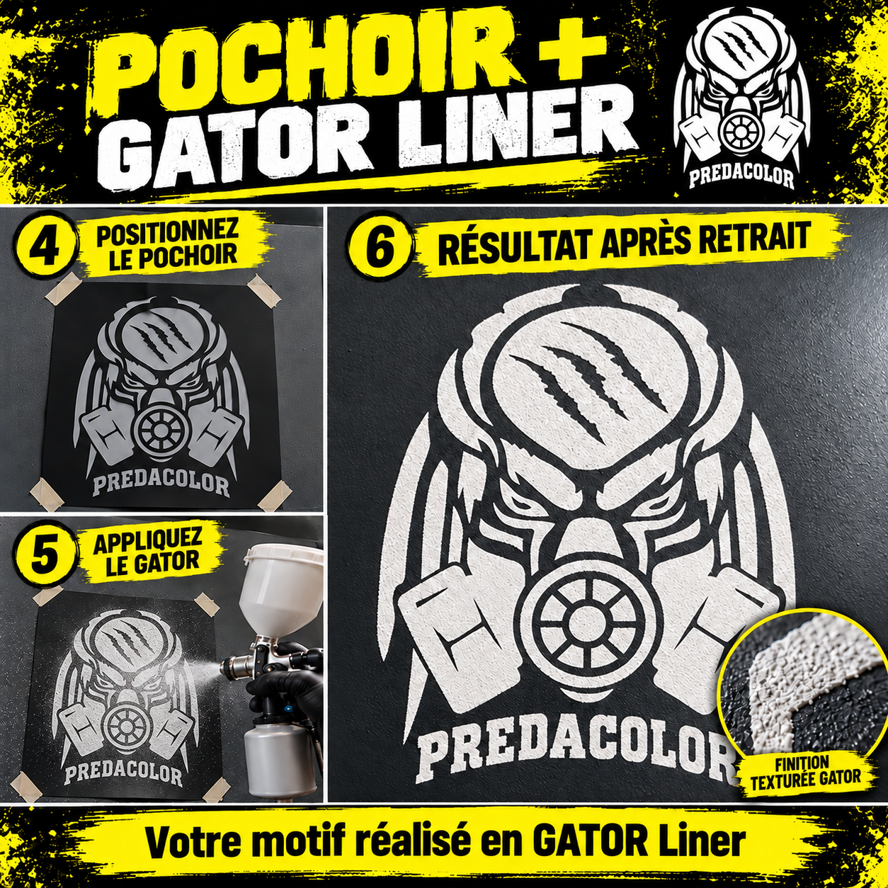 RESULTAT POCHOIR 2 - PredaColor French DIY stencil guide showing steps 4–6 for Predacolor Gator Liner: position the stencil, result after removal, apply textured finish (close-up).