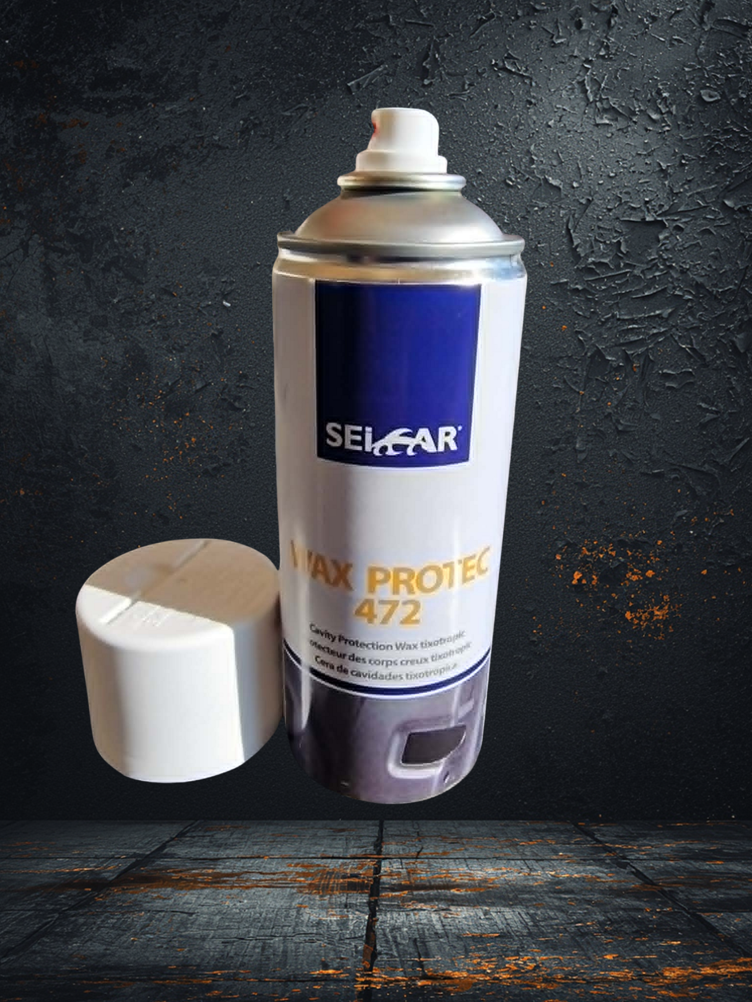 Retirer larrière-plan de limage - PredaColor White aerosol spray paint can with a blue label, cap removed, set against a dark textured background.