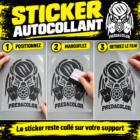 STICKER 1 - PredaColor Three-panel sticker application guide: step 1 position the sticker on the surface, step 2 rub to adhere, step 3 peel away the film; header reads 'STICKER AUTOCOLLANT' with PredatorColor logo; bottom caption says 'Le sticker reste collé sur votre support'