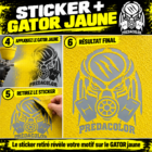 STICKER 2 - PredaColor Step-by-step tutorial for applying a yellow Predacolor sticker to a textured yellow wall: apply, peel, final reveal with logo.