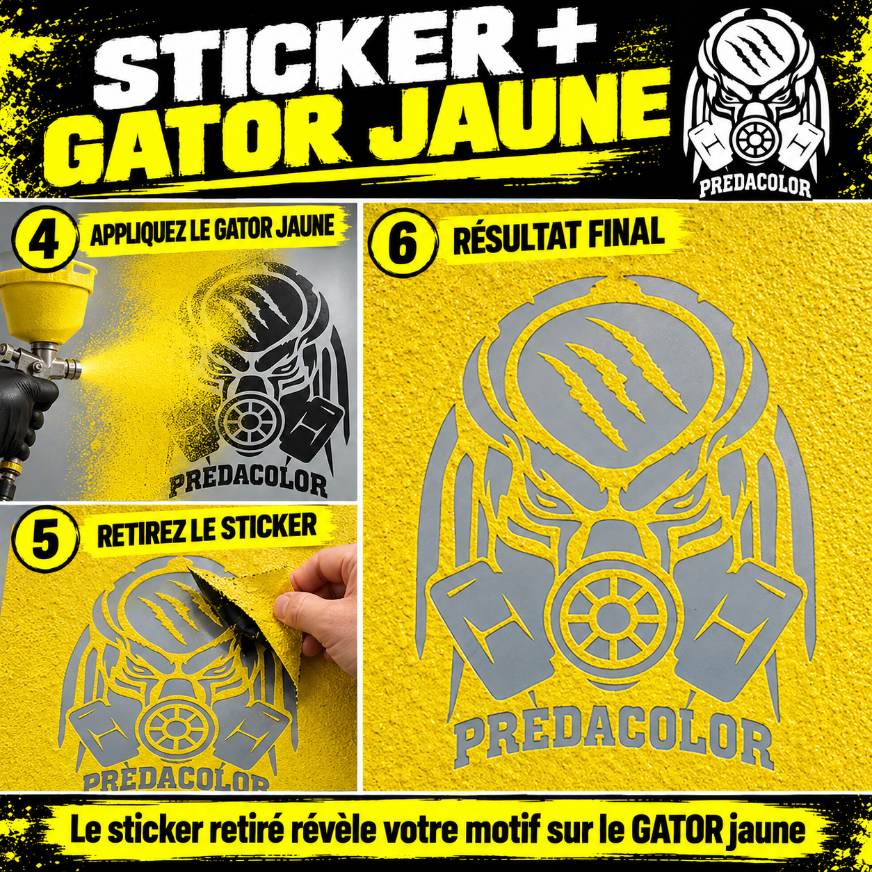 STICKER 2 - PredaColor Step-by-step tutorial for applying a yellow Predacolor sticker to a textured yellow wall: apply, peel, final reveal with logo.