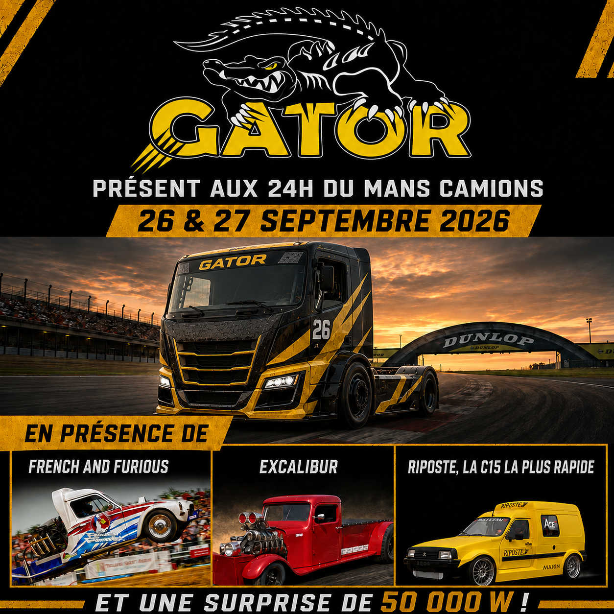 Promotional poster for the Gator truck racing event on 26–27 September 2026, featuring a yellow and black racing truck on a track.